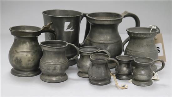 A collection twelve various 18th / 19th century pewter tankards
